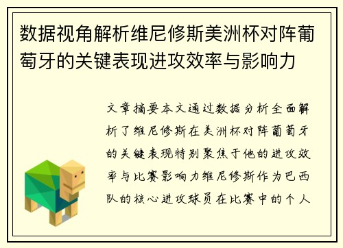数据视角解析维尼修斯美洲杯对阵葡萄牙的关键表现进攻效率与影响力